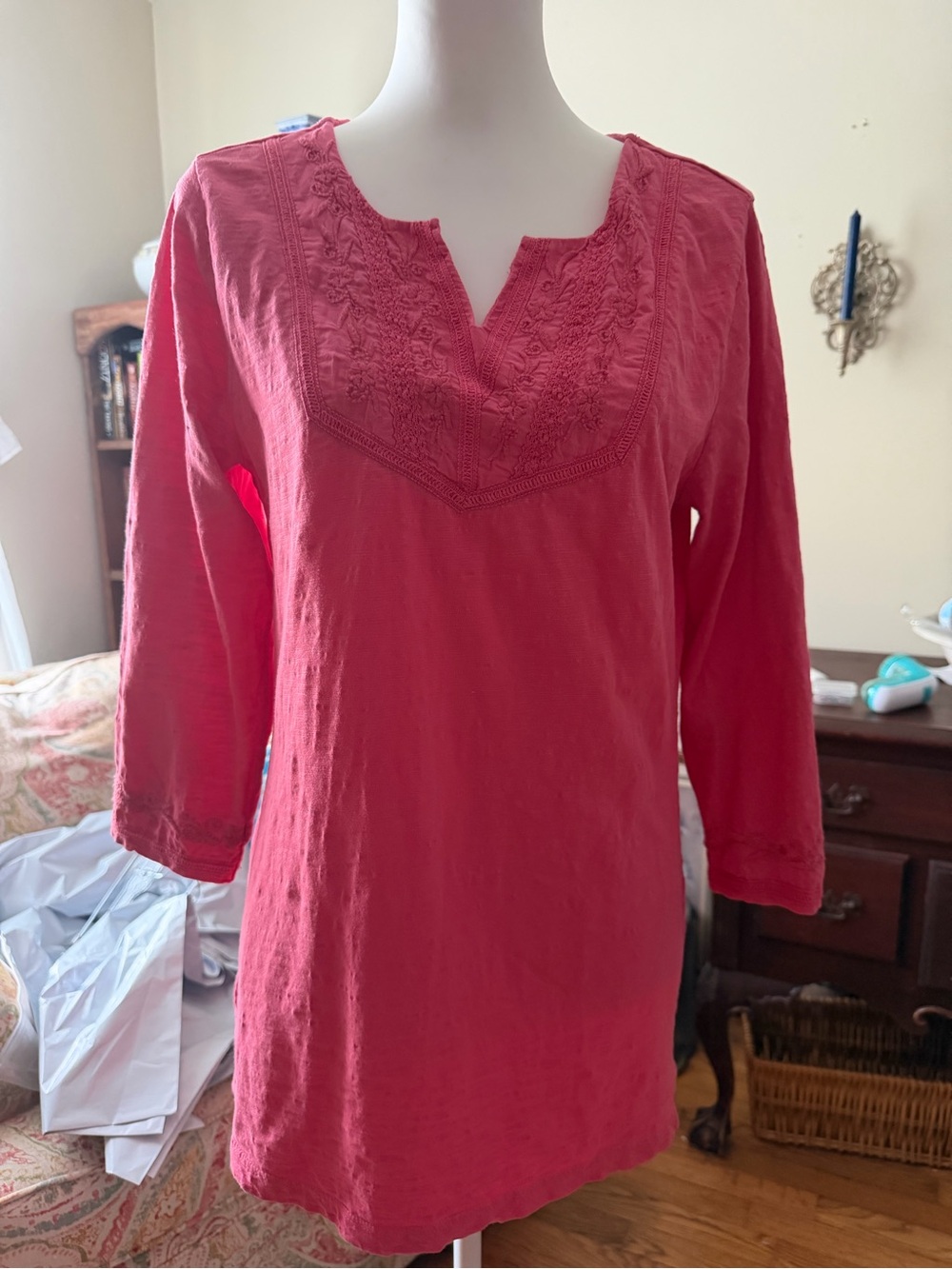 Coldwater Creek Coral Embroidered Split-Neck Tunic